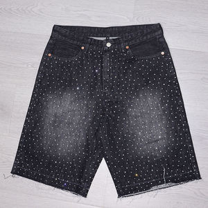 Shorts en jean délavé vintage pour homme, 100 % coton, tissu épais, avec logo personnalisé et strass intégrés, style streetwear, collection 2026 HQ ston - Product Image 1