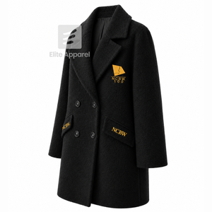 Custom NCBW Coalition <b>long</b> <b>Wool</b> <b>Coat</b> embroidered logo on front <b>black</b> and Gold color full sleeve <b>wool</b> <b>coat</b> for female - Product Image 2