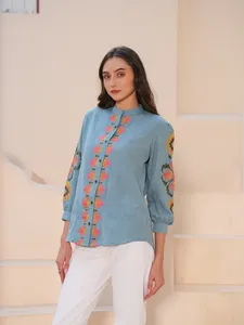 Camisa de Poliéster Azul Polvo Bordada de la Mejor Calidad, Estilo Blusa, para Oficina y Ocasiones Formales, Disponible al Mejor Precio para el Comprador - Product Image 3