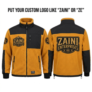 Chaqueta Polar Sherpa Premium para Hombre, 320 GSM, Color Negro con Paneles en Mostaza, Bordado Personalizado, Logotipo con Parche Tejido, OEM, ODM - Product Image 1