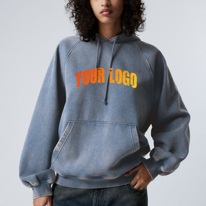 Custom Casual Women's Oversized Gray Solid Cotton Acid Wash Crop <b>Top</b> Hoodie Pullover <b>Long</b> <b>Sleeve</b> Drawstring for Autumn Winter - Product Image 4