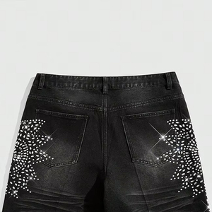 Shorts en jean délavé noir pour homme, coupe oversize et ample, en coton, taille élastique, style streetwear décontracté – Meilleures ventes - Product Image 4