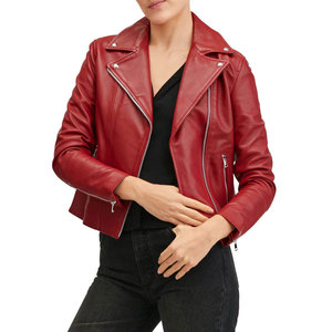 Veste moto en cuir PU rouge pour femme, col montant, fermeture éclair, manches longues, style automne - Product Image 4