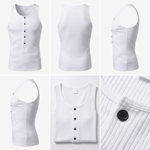Débardeur côtelé blanc pour homme, col Henley, boutons sur le devant, sans manches, style décontracté - Product Image 5