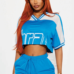 Conjunto deportivo de dos piezas para mujer, estilo jersey de fútbol americano, azul, corto, de malla, transpirable, con cuello en V, top corto. - Product Image 3