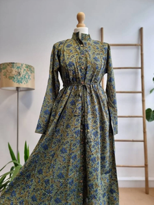 Pur coton mi-longueur vert robe florale élégant confortable indien bloc imprimé respirant bouton décontracté pour les vêtements de jour d'été - Product Image 6