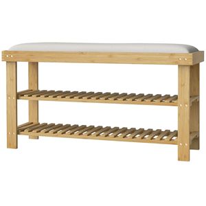 Cream White 3-Tier Bamboo Shoe <b>Storage</b> Bench with <b>Cushion</b> Entryway Hallway Shoe Organizer - Product Image 1