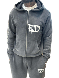 Sudadera con capucha de serigrafía de alto gramaje con efecto desgastado por el sol, chándal acampanado para hombre, chándal vintage oversize con lavado ácido para hombre - Product Image 4