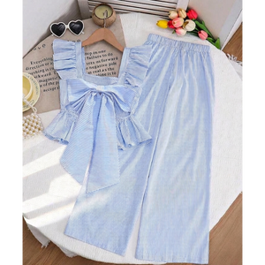 Combinaison à jambes larges pour filles, bleue à rayures, avec manches à volants et nœud au dos - Product Image 5