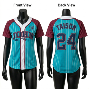 Camiseta de Béisbol para Mujer, 180 GSM, Poliéster Premium Transpirable, Rayas Teal, Mangas en Contraste Color Granate, Logotipo Personalizado por Sublimación - Product Image 2