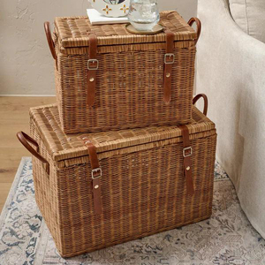 Boho Style Rectangle Rattan <b>Storage</b> <b>Trunk</b> with Leather Handles Large Handwoven <b>Wicker</b> Chest Organizer for Living Room - Product Image 3