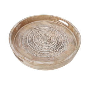 Bandeja redonda de madera de mango tallada a mano Acabado de lavado blanco con asas Bandeja de servicio decorativa de Venta caliente para uso en hoteles y restaurantes - Product Image 2