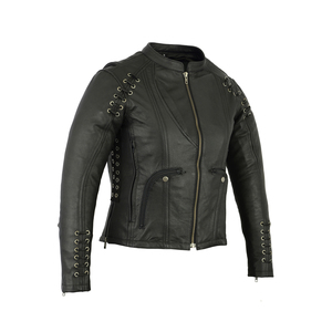 Women's <b>Leather</b> <b>Biker</b> <b>Jacket</b> Stand Collar Zipper Cuff Lace Up Zipper Pockets Regular Fit Winter Outerwear - Product Image 1