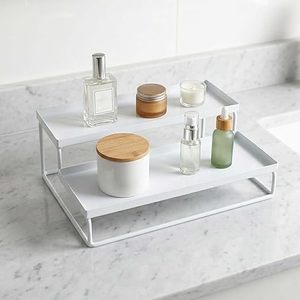 Minimalist Double Tier <b>Metal</b> Storage Rack Rectangular Standing Type for Bathroom Sundries Stackable Design <b>White</b> Finish - Product Image 1
