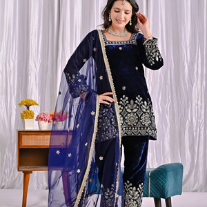 Ramdev Trading Kurta/Kurti de Mujer de Viscosa de Terciopelo Pesado con Georgette Fox de 5mm, Bordado, Secado Rápido, Estilo Moderno, Corte Regular, Talla Única - Product Image 1