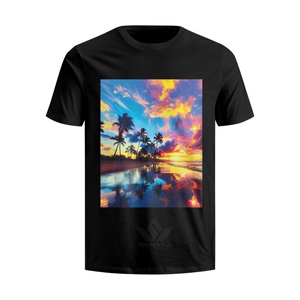 T-shirt décontracté pour homme à manches courtes, col rond, en jersey de coton, coupe classique, imprimé numérique, motif coucher de soleil noir sur fond de plage - Product Image 1