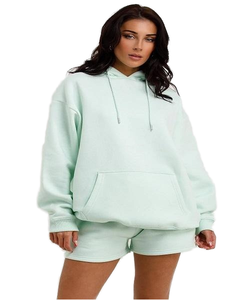 Ensemble deux pièces pour femmes, sweat à capuche brodé et short, manches longues, 100% coton, motif uni, vêtements décontractés d'hiver, séchage rapide - Product Image 1