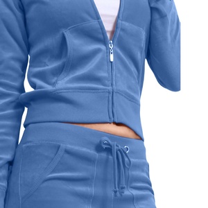 Women's Blue Hooded <b>Tracksuit</b> Set Full Length Solid Color Casual Joggers with Side Pockets Breathable Autumn Wear - Product Image 5