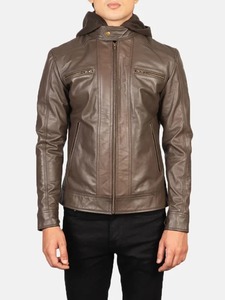 Mens Hooded Cheetah Brown Leather <b>Jacket</b> - Product Image 1