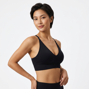 Soutien-gorge de sport noir à décolleté plongeant en V et dos croisé avec bretelles réglables – Haut d'entraînement - Product Image 2