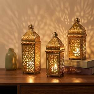 Kraft World LI-430 Handmade Eco-Friendly Portable Golden Perforated Metal <b>Lantern</b> <b>Lamp</b> Moroccan Lattice Cutwork Tea Light Holder - Product Image 3