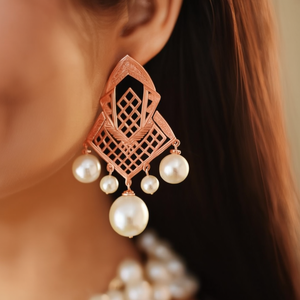 Rose Gold Plated Pearl Drop Jhumki Earrings 18K Gold Geometric Cute Party Gift - Product Image 2