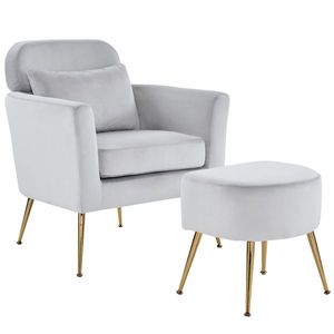 Fauteuil de loisirs d'intérieur en flanelle gris clair semi-démontable avec pieds et repose-pieds dorés pour salon - Product Image 3