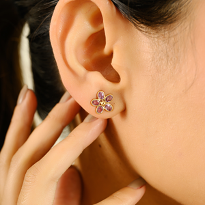 14K Gold Floral Stud <b>Earrings</b> with Pear Cut Diamond and Pink Sapphire - Product Image 3
