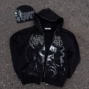 Sudadera con capucha y cremallera para hombre, negra, estilo urbano, estampada, oversize, de felpa francesa, 100% poliéster, para otoño. - Product Image 5