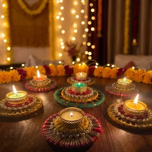 Handicraft Eco-Friendly Durable Multicolor Pearl <b>Tealight</b> Diya <b>Holder</b> Set Decorative Rangoli Tray Diwali Wedding Festival Home - Product Image 1