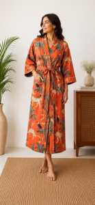 Bata Kimono 100% Algodón con Estampado Animal, Estampado a Bloques, Transpirable, Suave, para Todas las Estaciones, Ropa de Dormir de Verano - Product Image 4