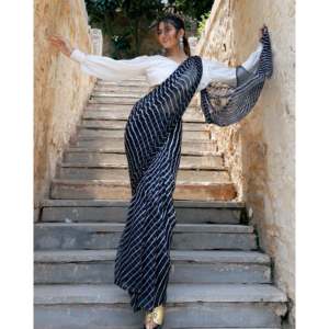 Magnifique sari en mousseline de soie noire Leheriya, design traditionnel, pour fêtes, mariages, vêtements de plage, haute qualité, impression numérique sur soie, séchage rapide - Product Image 3