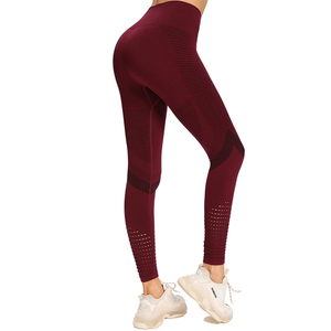 Leggings de yoga côtelés sans couture taille haute pour femme, couleur unie, avec empiècements en maille respirante, pantalon de fitness pleine longueur - Product Image 1