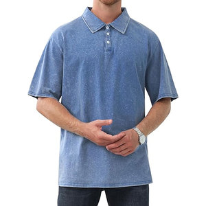 Polo pour homme à épaules tombantes, motif uni, délavé à l'acide, en coton épais, confortable et doux, grande taille, pour l'été, vente en gros - Product Image 1