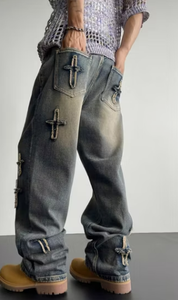 Jean Harem en Denim pour Homme Coupe Ample Taille Mi-Haute Décoration Rivets Coton Tissé Délavé Style Hip Hop Automne - Product Image 6