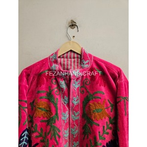 Fezanhandicraft Knitted Velvet Blouson Jacket Mandarin Collar Hand Embroidery Floral Pattern Autumn Winter <b>Women's</b> <b>Coat</b> Full - Product Image 5