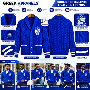 เสื้อผ้ากรีก เสื้อคาร์ดิแกนถักลายสีน้ำเงินรอยัลสำหรับผู้ชาย ยี่ห้อ Phi Beta Sigma ปักลายตราสัญลักษณ์ด้านหน้า เสื้อกันหนาวสำหรับฤดูหนาว ผลิตจากโพลีเอสเตอร์ 100% - Product Image 5