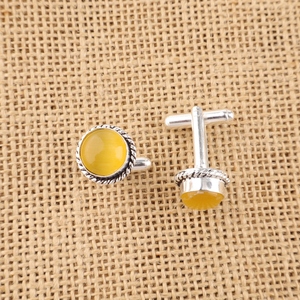 Designer Handcrafted Handmade Yellow Cat's Eye Gemstone <b>Cuff</b> Links Set In 925 Sterling Silver Plated Jewellery For Unisex Usage - Product Image 2