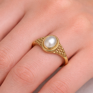 Bague en laiton électroplaqué 5x7mm avec pierre précieuse ovale et perle, taille fixe, style minimaliste classique, bague statement faite à la main, bijoux pour femmes - Product Image 5