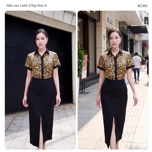 Women’s Leopard Pattern Silk Blouse and <b>Black</b> Khaki Midi <b>Skirt</b> Co Ord Set with Short Sleeves for Elegant Casual Wear OEM ODM Who - Product Image 6