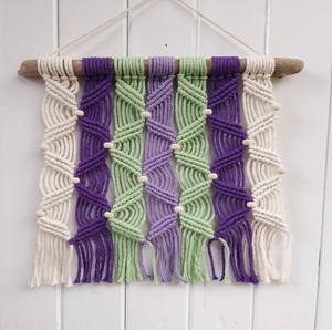 Lovely Wavy Striped Macrame Wall Decal Combines purple <b>White</b> Cords Wooden Beads. Home Decor Contemporary Design Available - Product Image 1