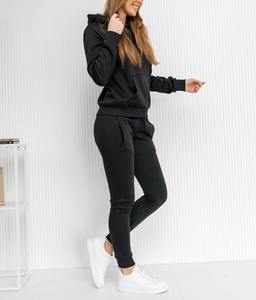 Ensemble de survêtement pour femme, couleur noire unie, manches longues, capuche, pantalon de jogging décontracté, respirant, 100% coton - Product Image 1