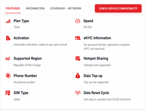 Carte SIM eSIM de voyage directe d'usine pour la République du Congo, données 4G/5G illimitées avec activation rapide par code QR et livraison par e-mail - Product Image 2