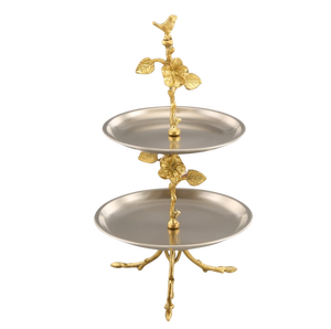 Golden Two <b>Tier</b> <b>Cake</b> <b>Stand</b> With Floral Design Metal Dessert Display Tray For Party Cupcake Serving Decor - Product Image 6