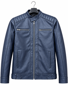 <b>Men's</b> Blue Leather Casual Windproof Moto Biker Jacket Stand Collar Zipper Closure Regular Length Outerwear Solid Winter - Product Image 1