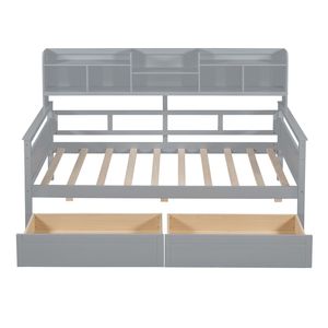 Divano letto singolo grigio con supporto a doghe in legno e mensole laterali, due cassetti - Product Image 4