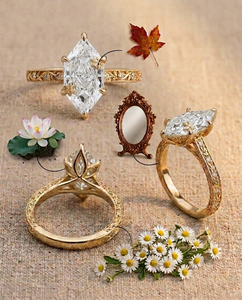Bague de fiançailles vintage en or massif, diamant de laboratoire néerlandais de type Marquise, certifié IGI, KRUP JEWELS, gravure florale, pour mariée - Product Image 1