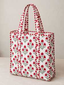 Floral Print Canvas <b>Tote</b> <b>Bag</b> Single Handle Zipper Closure Bohemian Style Shopping <b>Bag</b> All Seasons Red <b>White</b> Pattern 16*18 Cotton - Product Image 2