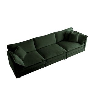 Divano a 3 Posti in Ciniglia Verde Stile Mid-Century Moderno per Soggiorno con 2 Braccioli e 3 Cuscini Decorativi - Product Image 3