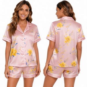 Ensemble de pyjama à manches courtes pour femmes, imprimé floral bleu marine, avec col rabattu et fermeture à boutons, vêtements de nuit d'été - Product Image 3